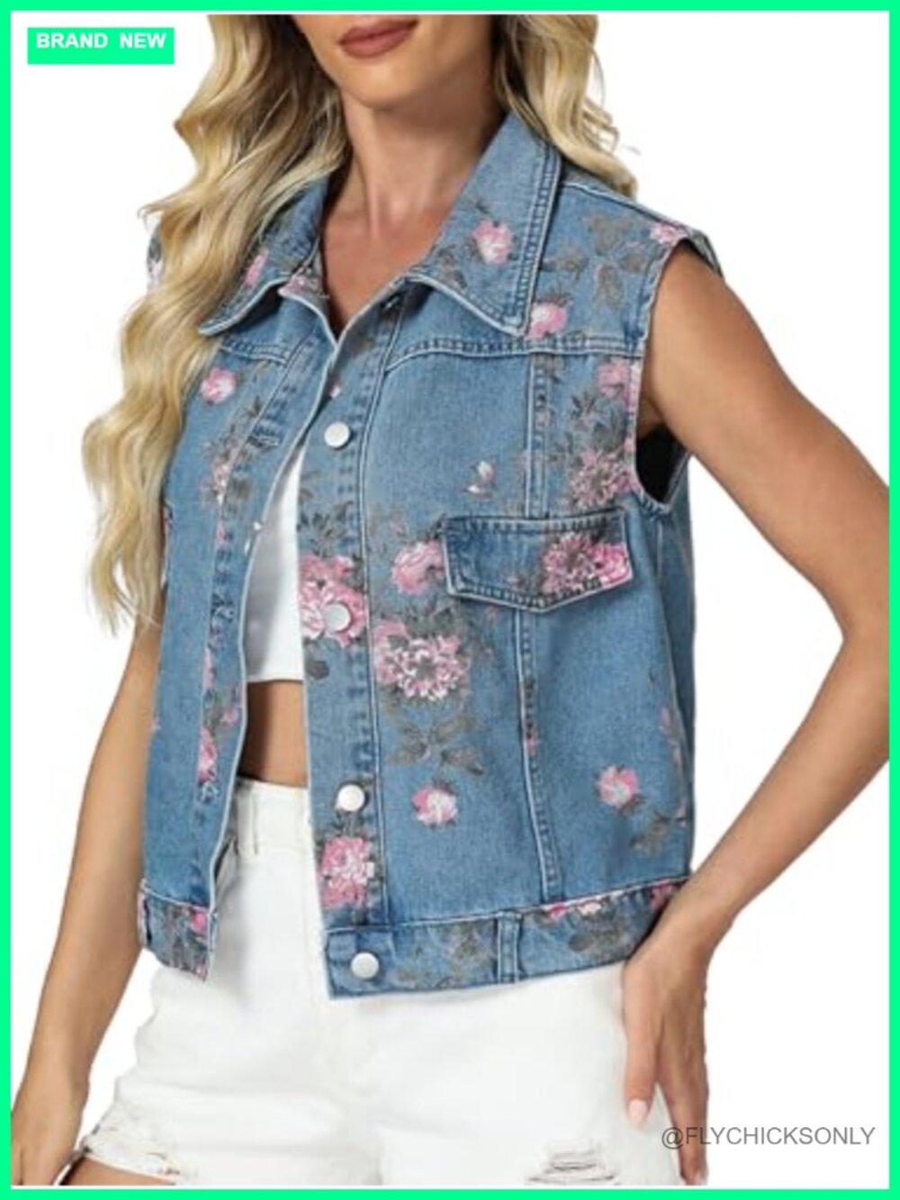 Washed Denim Floral Print Sleeveless Crop Vest Button Down